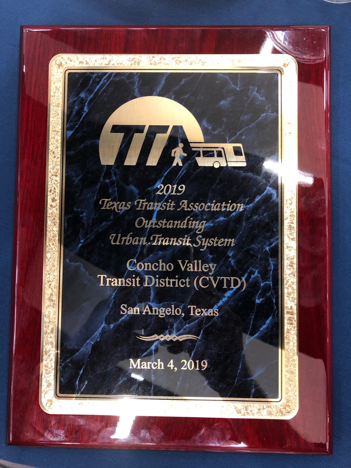 2019 Texas Transit Association Outstanding Urban Transit System plaque